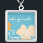 Aqua and Orange Floral Silver Plated Necklace<br><div class="desc">Customizable necklace</div>