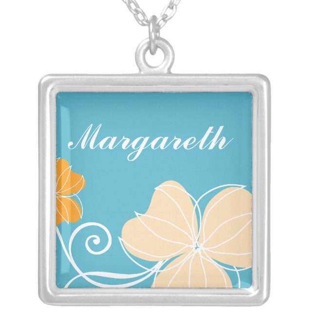 Aqua and Orange Floral Silver Plated Necklace (Front)