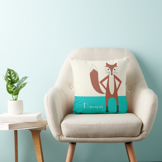 Aqua and Orange Personalized Stylized Fox Pillow (Chair)