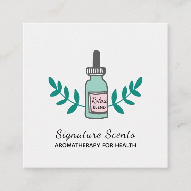 Aqua and Pink Aromatherapy Bottle Logo Square Business Card (Front)