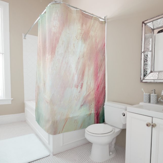 Aqua and Pink Brush Stroke Abstract Shower Curtain (In Situ)