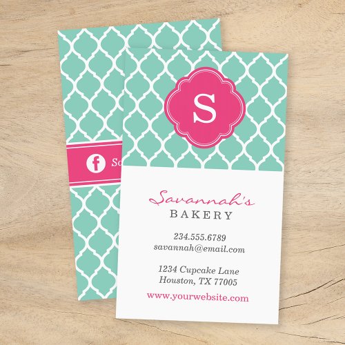 Aqua &amp; Pink Chic Moroccan Lattice Custom Monogram Business Cards