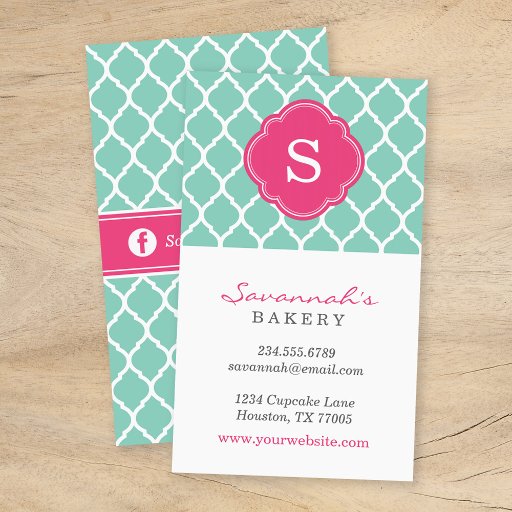 Customizable Aqua &amp; Pink Chic Moroccan Lattice Custom Monogram Business Cards