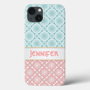 Aqua and Pink Girly Geometric Design Personalized iPhone 13 Case