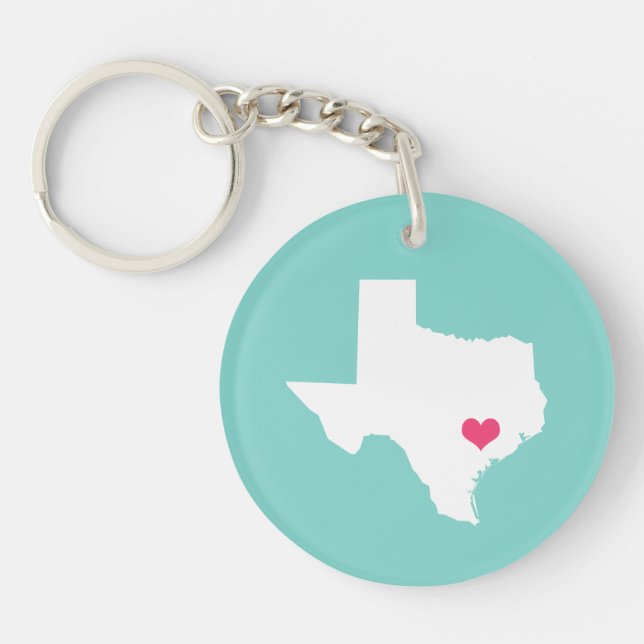 Aqua and Pink Heart Texas Home State Keychain (Front)