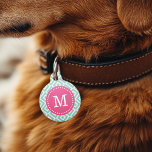 Aqua and Pink Ikat Diamonds Monogram Pet Name Tag<br><div class="desc">Cute girly preppy zigzag ikat diamond pattern personalized with your pet's monogram name or initial in a chic dotted frame. Back features coordinating colors and space to add your pet's name and emergency contact info. Click Customize It to change fonts and colors or add your own photos and text for...</div>
