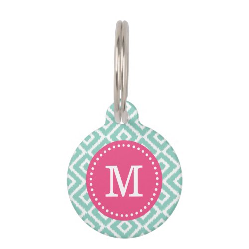 Aqua and Pink Ikat Diamonds Monogram Pet Name Tag