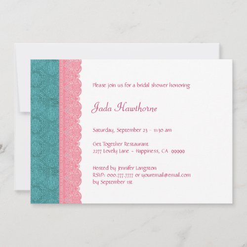 Aqua and Pink Lace Bridal Shower V15 Custom Invitations