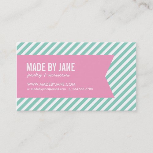 Aqua &amp; Pink Modern Stripes &amp; Ribbon Business Cards