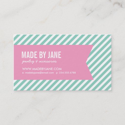 Customizable Aqua & Pink Modern Stripes & Ribbon Business Cards