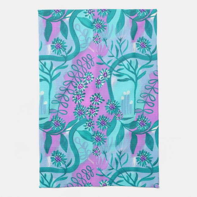 Aqua and Pink Whimsical Magic Garden  Kitchen Towel (Vertical)
