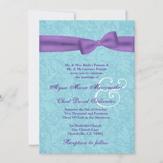 Aqua and Purple Damask and Bow Wedding R541 Invitation (Front)