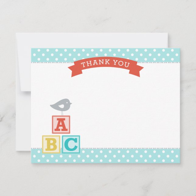 Aqua and Red ABC Blocks Bird Baby Shower Thank You Card (Front)