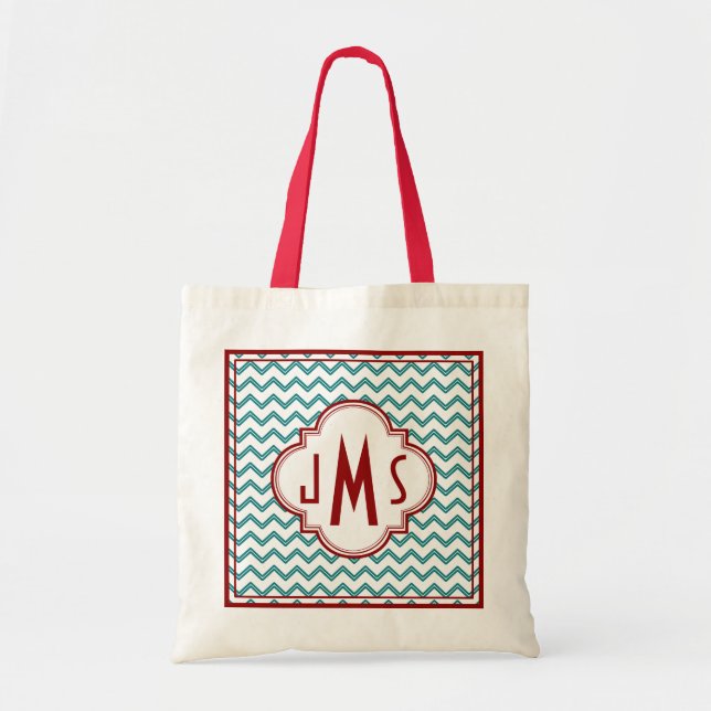 Aqua and Red Chevron Monogram Bag (Front)