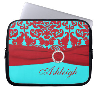 Aqua and Red Damask FAUX Ribbon Laptop Sleeve