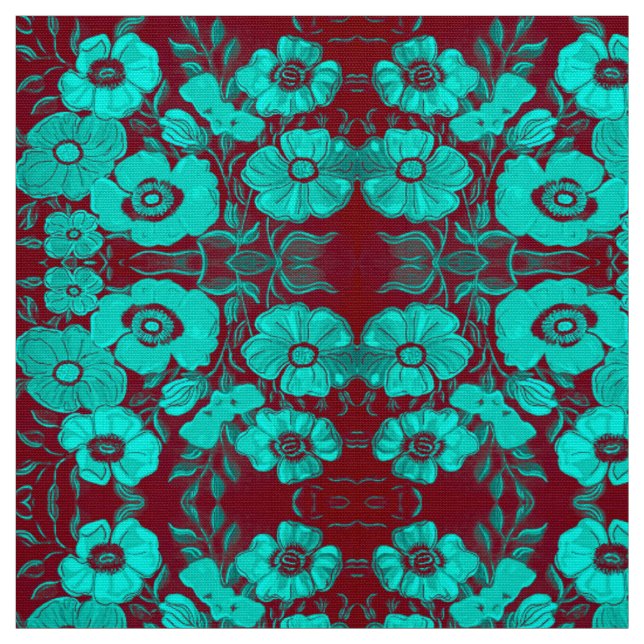Aqua and Red Fall Fabric (Swatch)