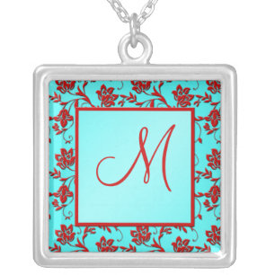 Aqua and Red Floral Monogram Necklace