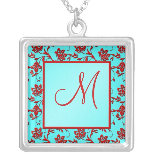 Aqua and Red Floral Monogram Necklace (Front)