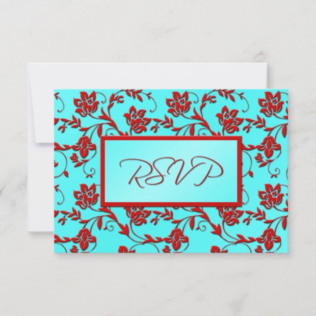 Aqua and Red Floral Reply Card (Front)