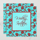 Aqua and Red Floral Wedding Invitation (Front/Back)