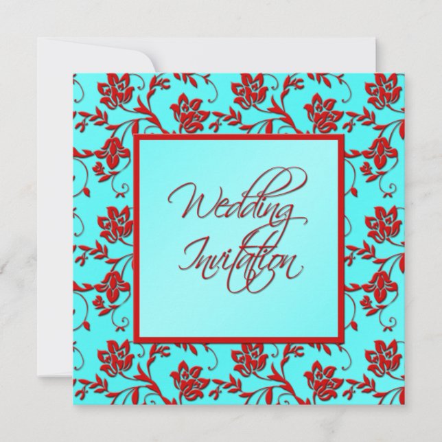 Aqua and Red Floral Wedding Invitation (Front)