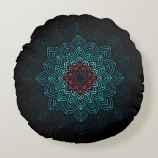 Aqua and Red Flower Mandala Round Pillow