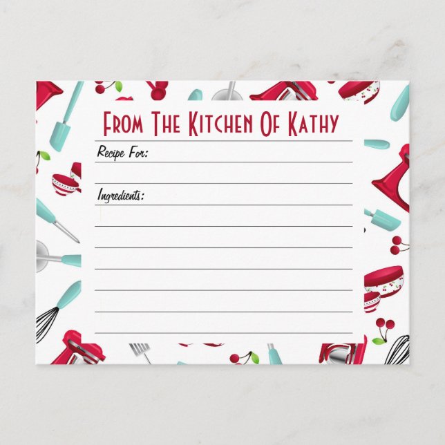 Aqua and Red Kitchen Gadget Recipe Card (Front)