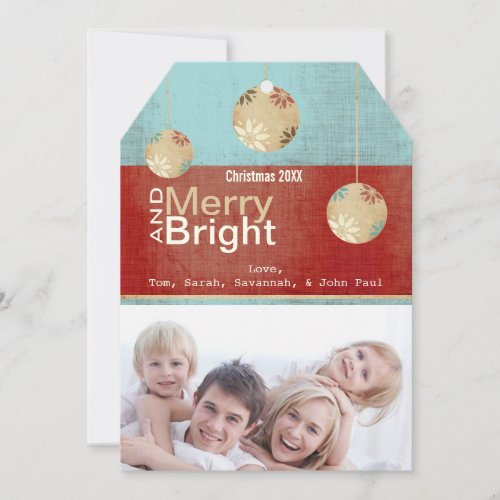 Aqua and Red Merry and Bright Family Photo Card