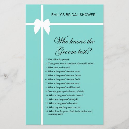 Aqua and Ribbon Bridal Shower Game PRINTED