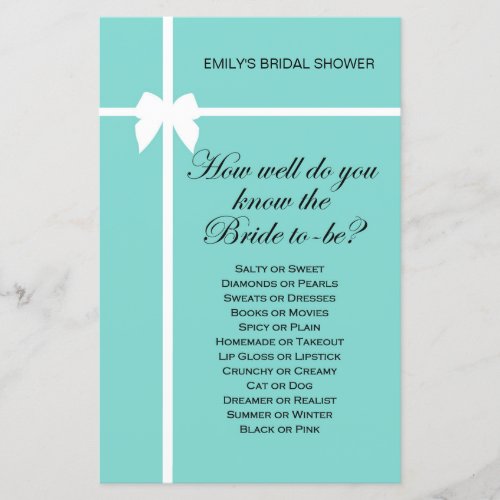 Aqua and Ribbon Bridal Shower Game PRINTED