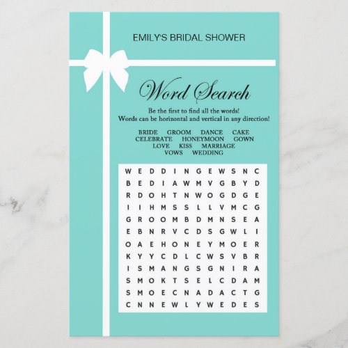 Aqua and Ribbon Bridal Shower Game PRINTED