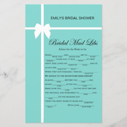 Aqua and Ribbon Bridal Shower Game PRINTED