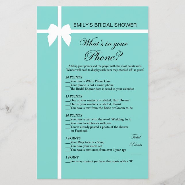 Aqua and Ribbon Bridal Shower Game PRINTED (Front)