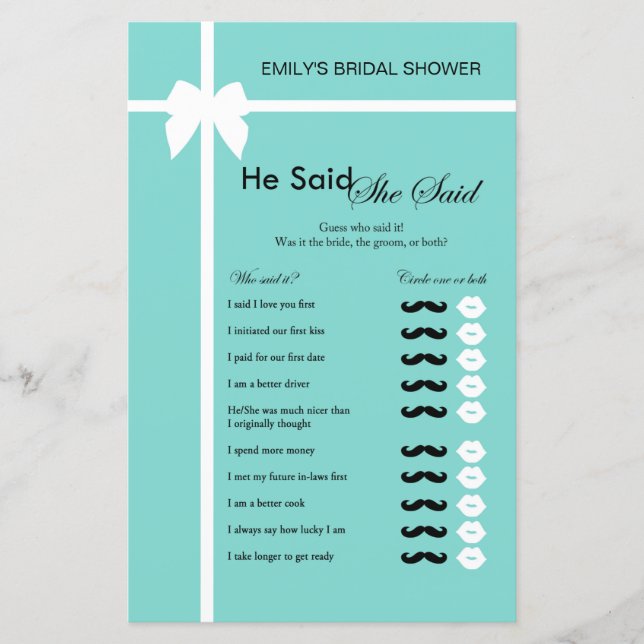Aqua and Ribbon Bridal Shower Game PRINTED (Front)