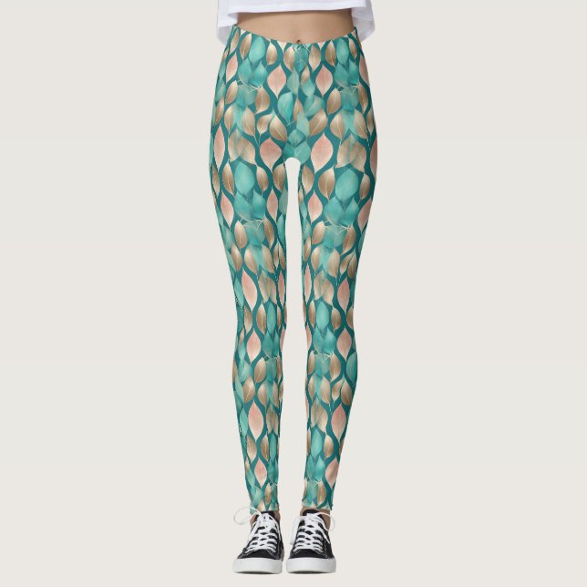 Aqua and Rose Gold Leaves Leggings (Front)