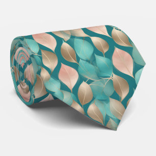 Aqua and Rose Gold Leaves Neck Tie