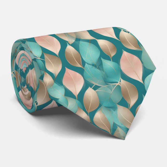 Aqua and Rose Gold Leaves Neck Tie (Rolled)