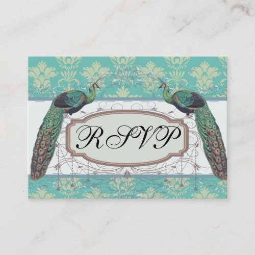 aqua and sage lovely peacock damask pattern business card template