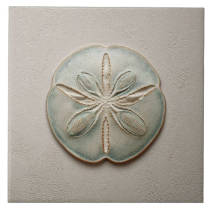 Aqua and Sand Coastal Sand Dollar Relief Artwork Ceramic Tile