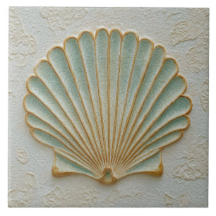 Aqua and Sand Coastal Scallop Shell Ceramic Tile