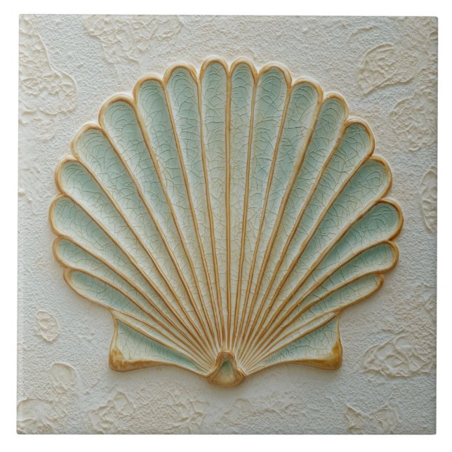 Aqua and Sand Coastal Scallop Shell Ceramic Tile (Front)