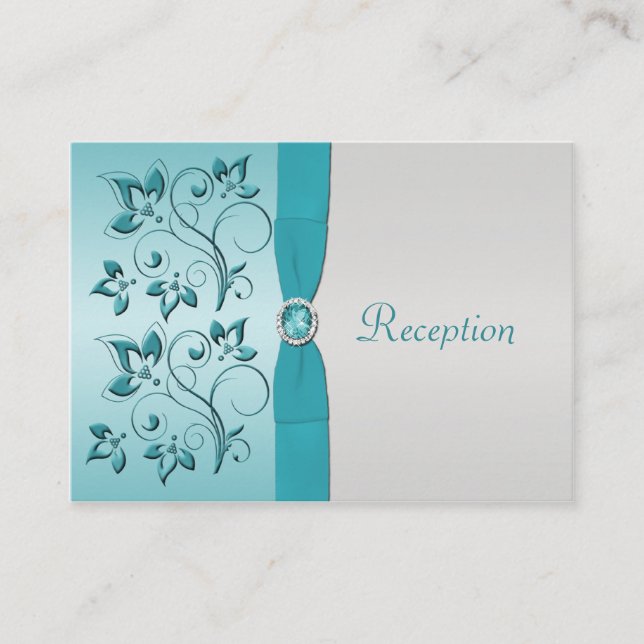 Aqua and Silver Floral Reception Card (Front)