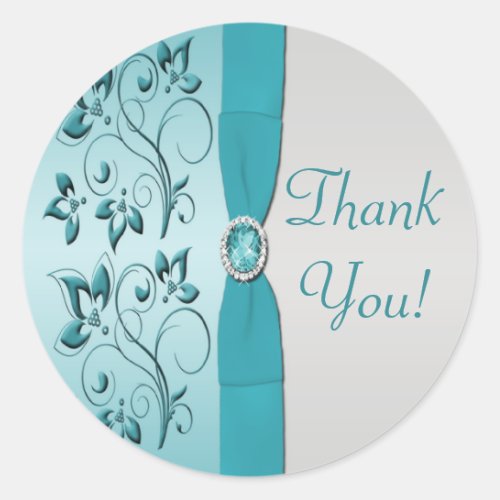 Aqua and Silver Floral Thank You Sticker