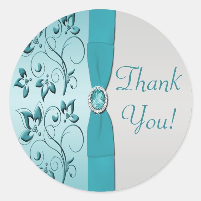 Aqua and Silver Floral Thank You Sticker (Front)