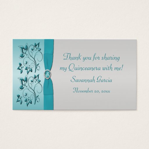 Customizable Aqua and Silver Quinceanera/Sweet 16 Favor Tag Business Card Templates