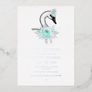 Aqua and Silver Swan Quinceañera Foil Invitation
