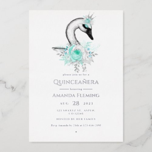 Aqua and Silver Swan Quinceaera Foil Invitation
