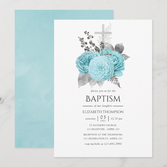 Aqua and Silver Vintage Shabby Roses Baptism Invitation (Front/Back)