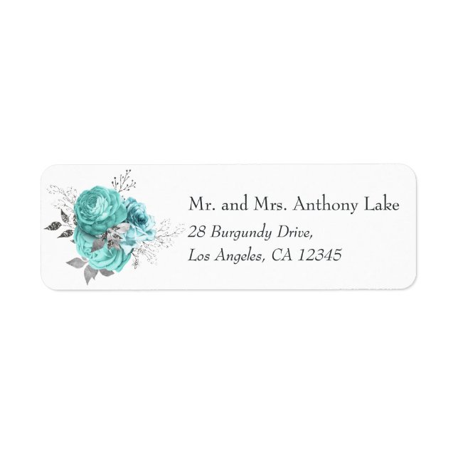 Aqua and Silver Vintage Shabby Roses Wedding Label (Front)