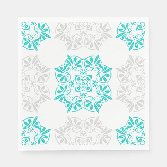 Aqua and Soft Gray Fancy Pattern Paper Napkins (Front)